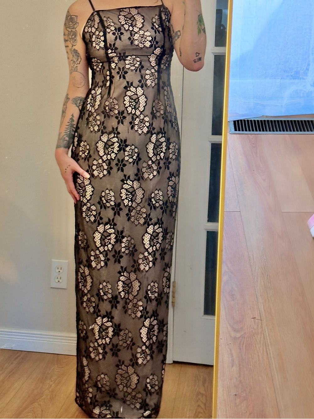 BNWT More To Come nude maxi dress with black lace overlay